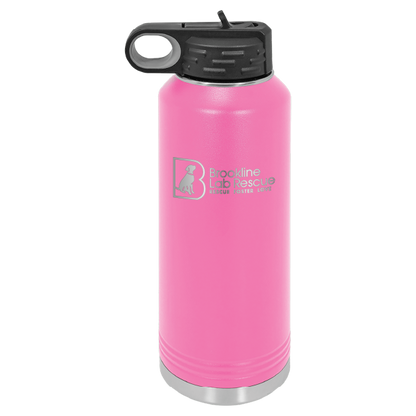 Pink laser engraved 40 oz water bottle featuring the Brookline Lab Rescue logo