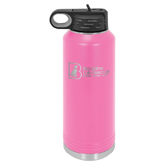 Pink laser engraved 40 oz water bottle featuring the Brookline Lab Rescue logo