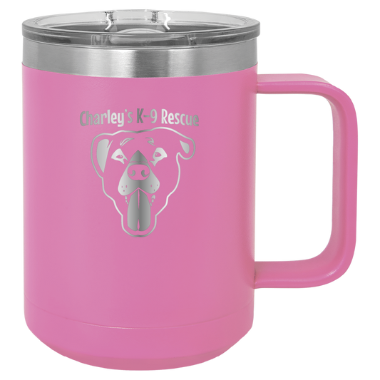 Pink 15 oz coffee cup laser engraved  tumbler featuring the Charley's K9 Rescue logo