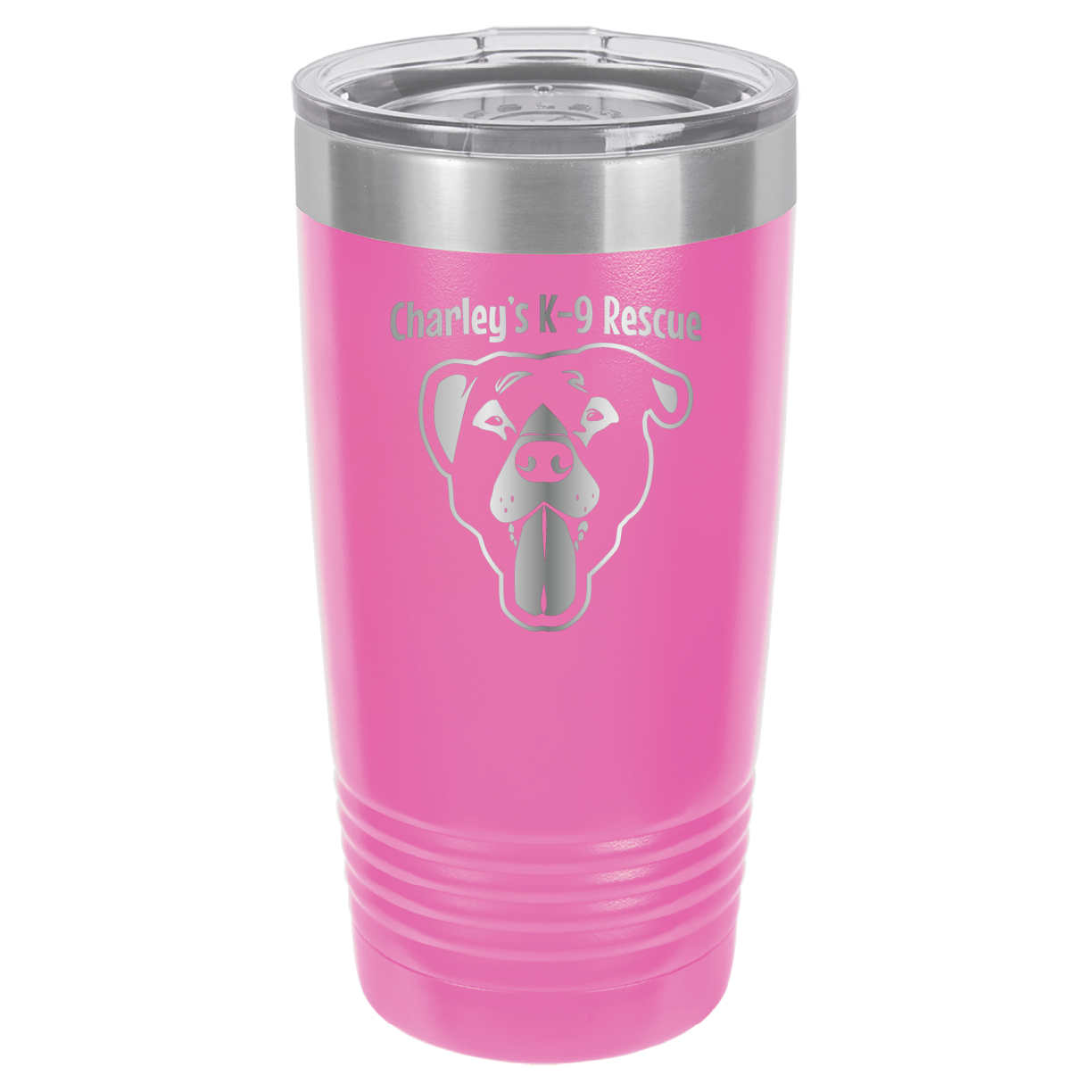 Pink 20 ounce tumbler laser engraved  featuring the Charley's K9 Rescue logo