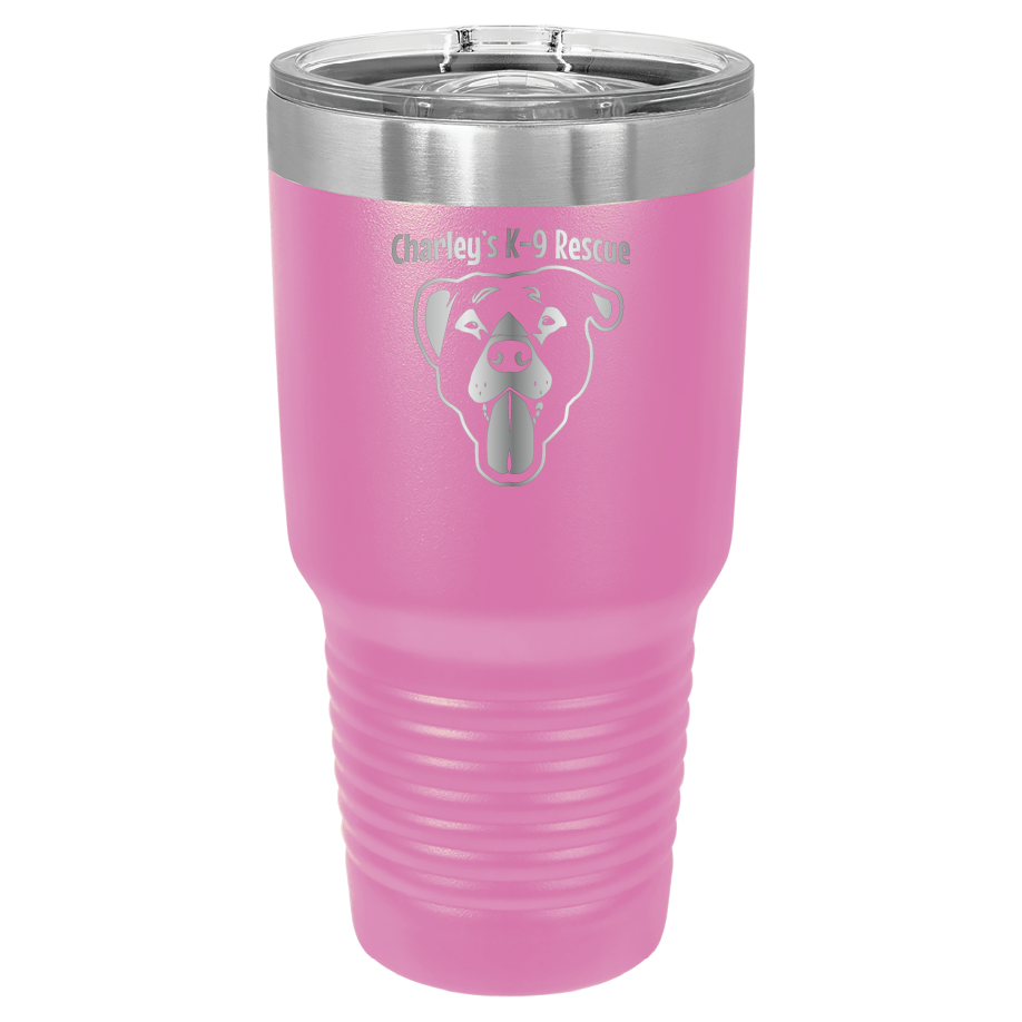 Pink 30 oz tumbler laser engraved  tumbler featuring the Charley's K9 Rescue logo