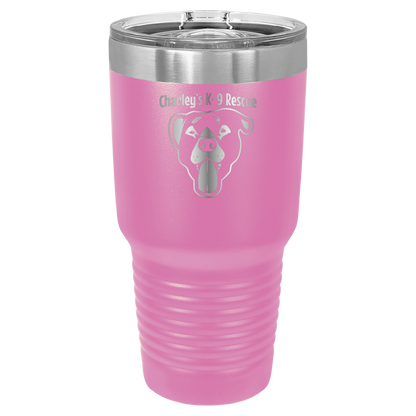 Pink 30 oz tumbler laser engraved  tumbler featuring the Charley's K9 Rescue logo