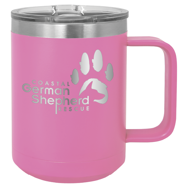 Pink 15 ounce laser engraved coffee mug, featuring the with the Coastal German Shpherd Rescue of Orange County logo