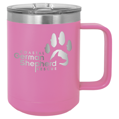 Pink 15 ounce laser engraved coffee mug, featuring the with the Coastal German Shpherd Rescue of Orange County logo