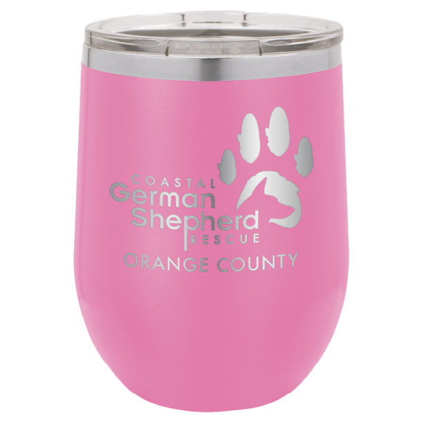 12 oz Wine tumbler laser engraved with the Coastal German Shepherd Rescue of Orange County logo, in pink