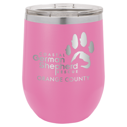 12 oz Wine tumbler laser engraved with the Coastal German Shepherd Rescue of Orange County logo, in pink