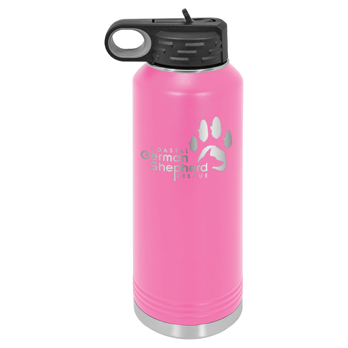 Pink 40 ounce laser engraved water bottle, featuring the with the Coastal German Shpherd Rescue of Orange County logo