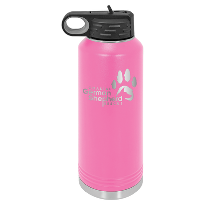 Pink 40 ounce laser engraved water bottle, featuring the with the Coastal German Shpherd Rescue of Orange County logo