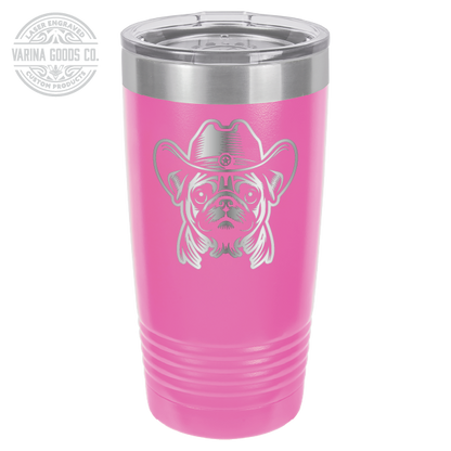 Pink Cowboy Pug laser engraved 20 oz tumbler.