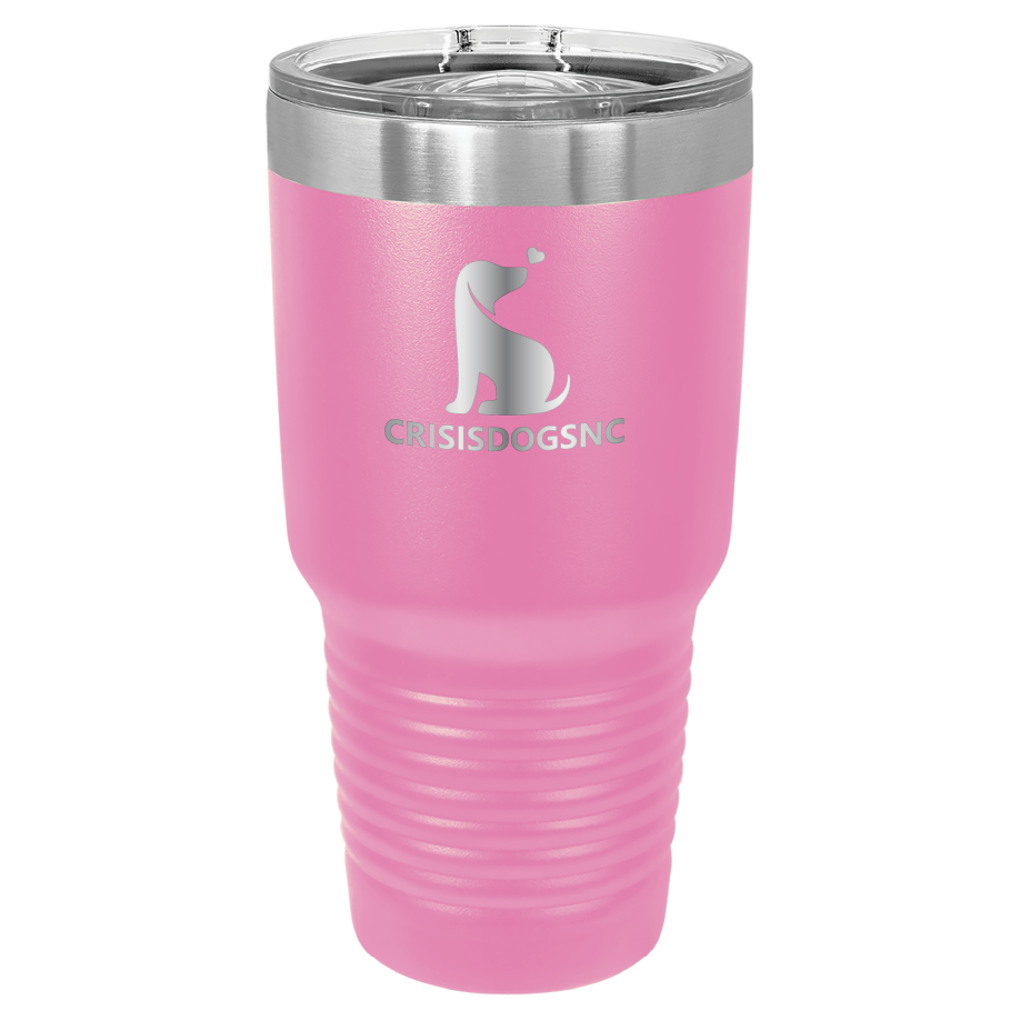 Pink 30 oz laser engraved tumbler with the Crisis Dogs NC logo.