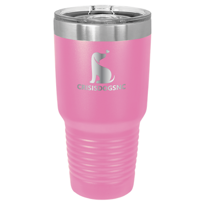 Pink 30 oz laser engraved tumbler with the Crisis Dogs NC logo.