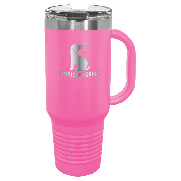 Pink laser engraved 40 oz travel mug featuring the Crisis Dogs NC logo.