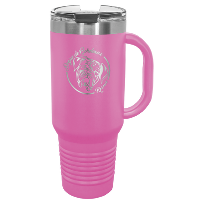 Pink 40 oz laser engraved water bottle featuring the Dogue de Bordeaux Rescue, Inc. logo