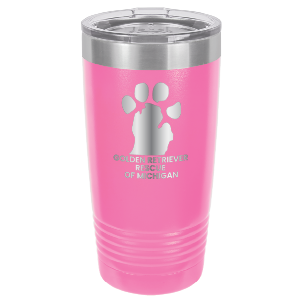 Pink 20 Oz laser engraved tumbler with the Golden Retriever Rescue of Michigan logo