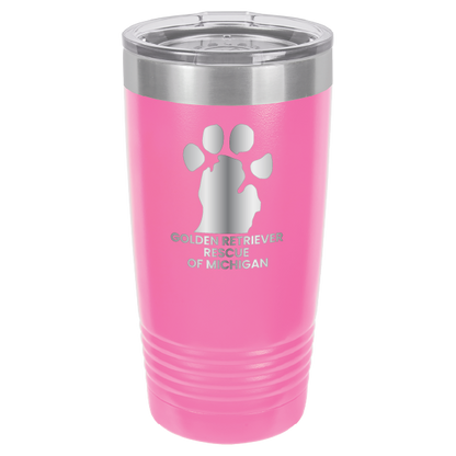 Pink 20 Oz laser engraved tumbler with the Golden Retriever Rescue of Michigan logo