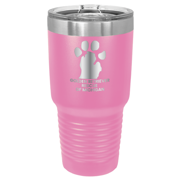 Pink 30 laser engraved tumbler featuring the Golden Retriever Rescue of Michigan logo