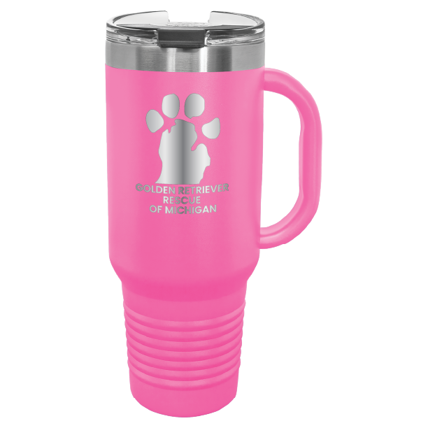 Pink 40 Oz laser engraved tumbler featuring the  Golden Retriever Rescue of Michigan (GRRoM) logo