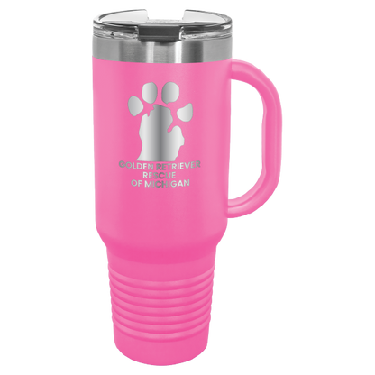 Pink 40 Oz laser engraved tumbler featuring the  Golden Retriever Rescue of Michigan (GRRoM) logo