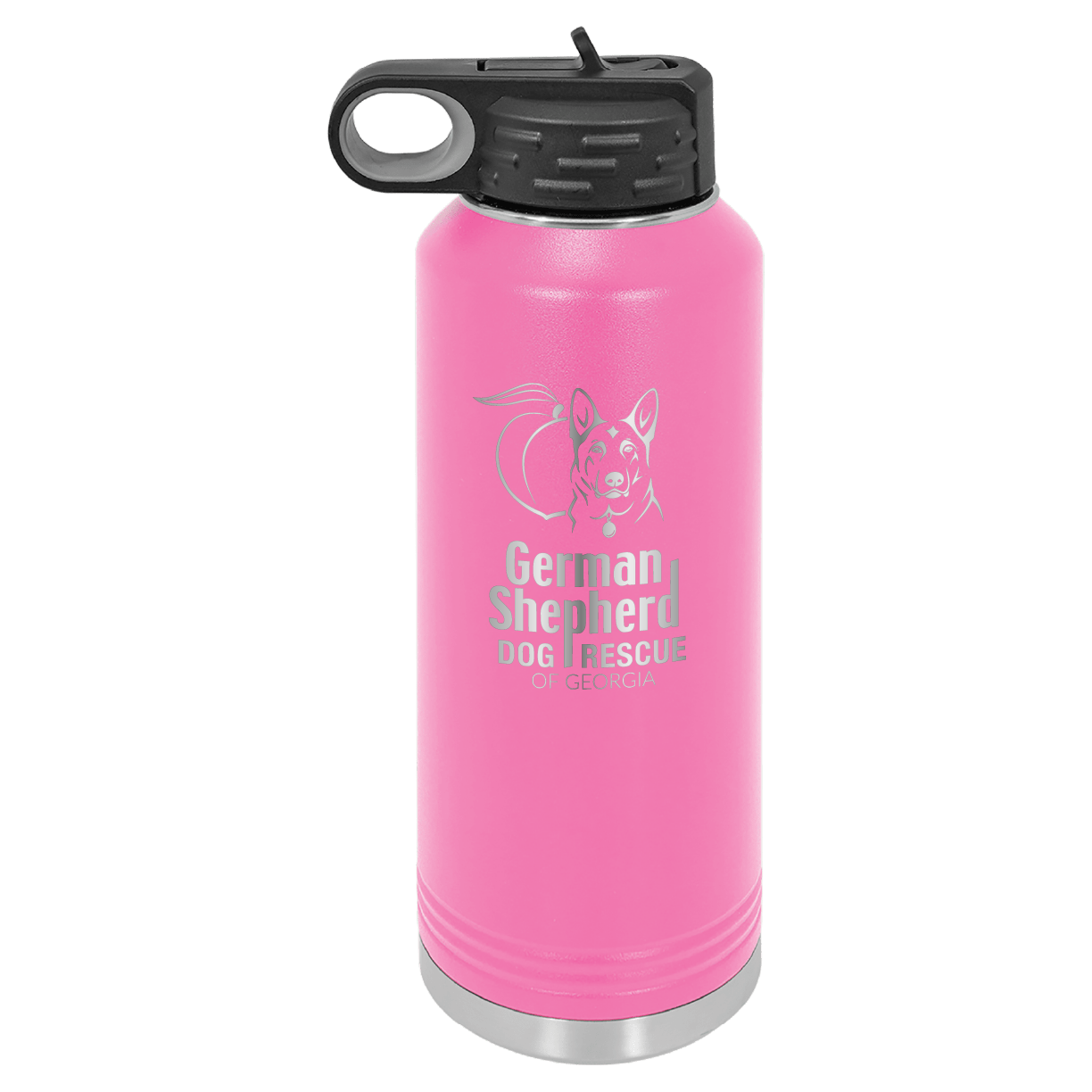 40 Oz Laser engraved water bottle featuring the German Shepherd Dog Rescue of Georgia, in Pink