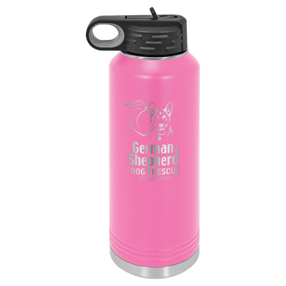 40 Oz Laser engraved water bottle featuring the German Shepherd Dog Rescue of Georgia, in Pink