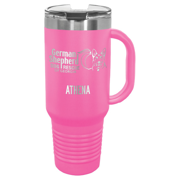 40 Oz travel tumbler, laser engraved with the logo of German Shepherd Dog Rescue of Georgia, in pink.