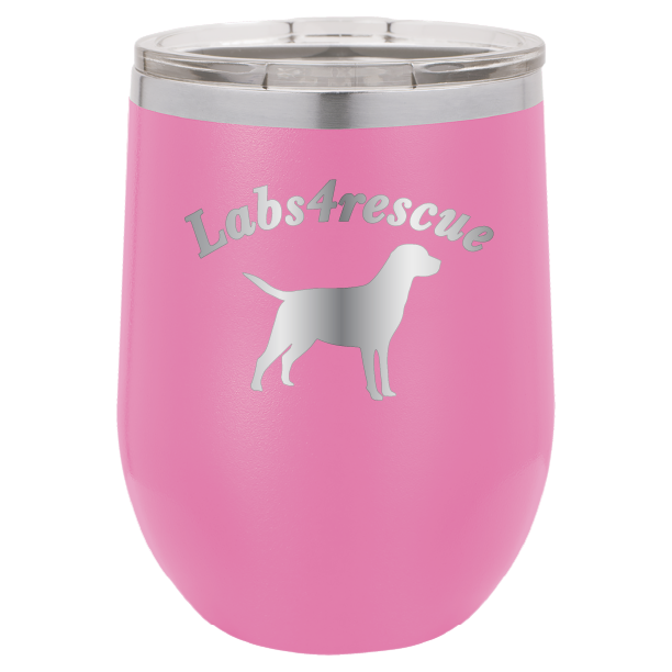 12 oz laser engraved wine tumbler with the labs4rescue logo, in pink