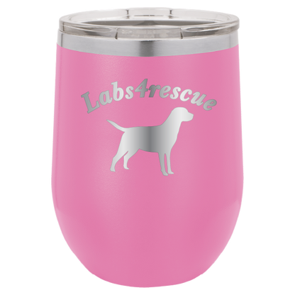 12 oz laser engraved wine tumbler with the labs4rescue logo, in pink