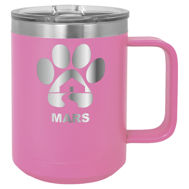 Pink 15 ounce laser engraved coffee mug with the Midwest Animal Rescue & Services (MARS) logo.