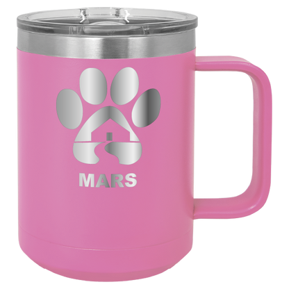 Pink 15 ounce laser engraved coffee mug with the Midwest Animal Rescue & Services (MARS) logo.