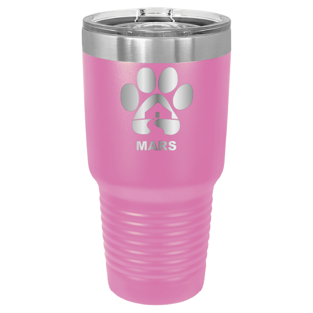 Pink 30 ounce laser engraved tumbler with the Midwest Animal Rescue & Services (MARS) logo.