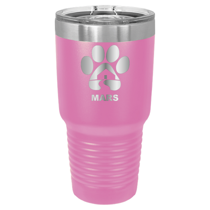 Pink 30 ounce laser engraved tumbler with the Midwest Animal Rescue & Services (MARS) logo.