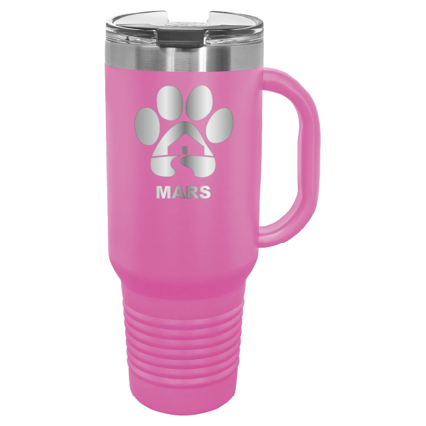 Pink 40 ounce laser engraved travel mug with handle, featuring the with the Midwest Animal Rescue & Services (MARS) logo