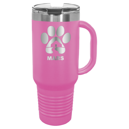 Pink 40 ounce laser engraved travel mug with handle, featuring the with the Midwest Animal Rescue & Services (MARS) logo