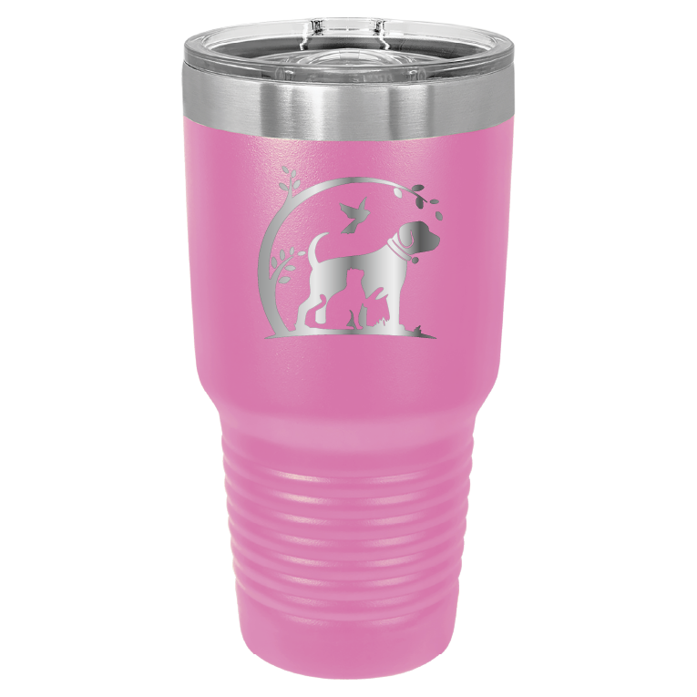 Pink 30 oz laser engraved tumbler featuring the No Critter Left Behind logo