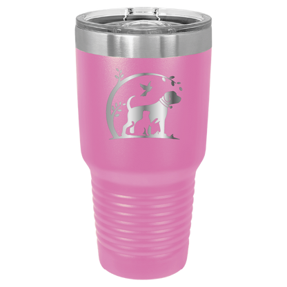 Pink 30 oz laser engraved tumbler featuring the No Critter Left Behind logo