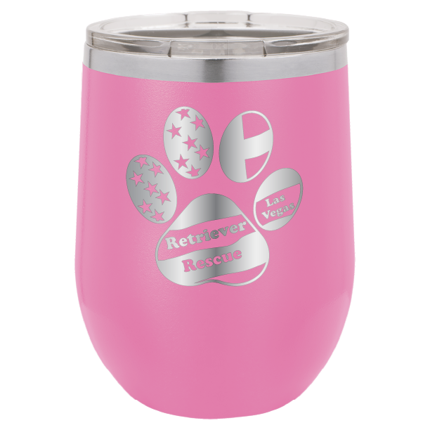 Pinklaser engraved wine tumbler with the logo of retriever rescue of Las Vegas