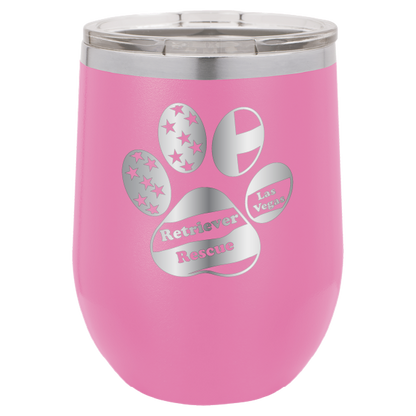 Pinklaser engraved wine tumbler with the logo of retriever rescue of Las Vegas