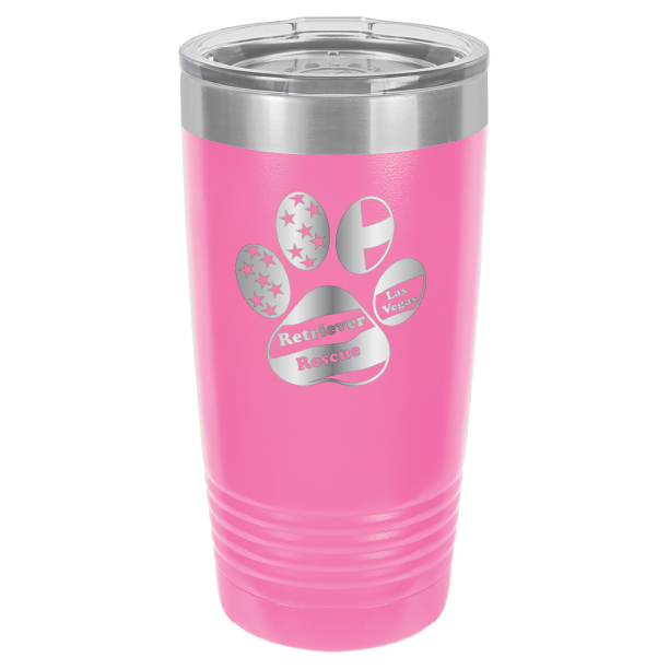 Pink laser engraved 20 tumbler featuring the Retriever Rescue of Las Vegas logo