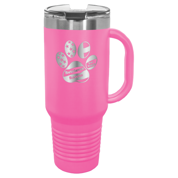 Pink laser engraved tumbler with handle, featuring the logo of Retriever Rescue of Las Vegas