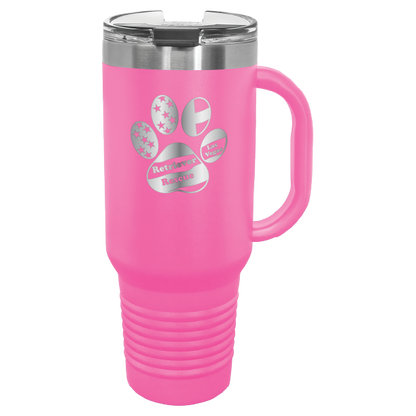 Pink laser engraved tumbler with handle, featuring the logo of Retriever Rescue of Las Vegas