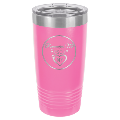 Pink laser engraved 20 tumbler featuring the logo of Remember Me Rescue NY