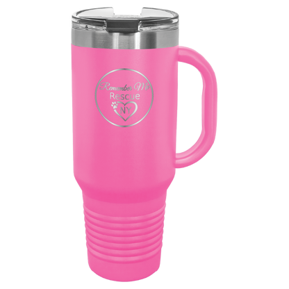 Pink 40 oz laser engraved tumbler featuring the Remember Me Rescue NY logo.