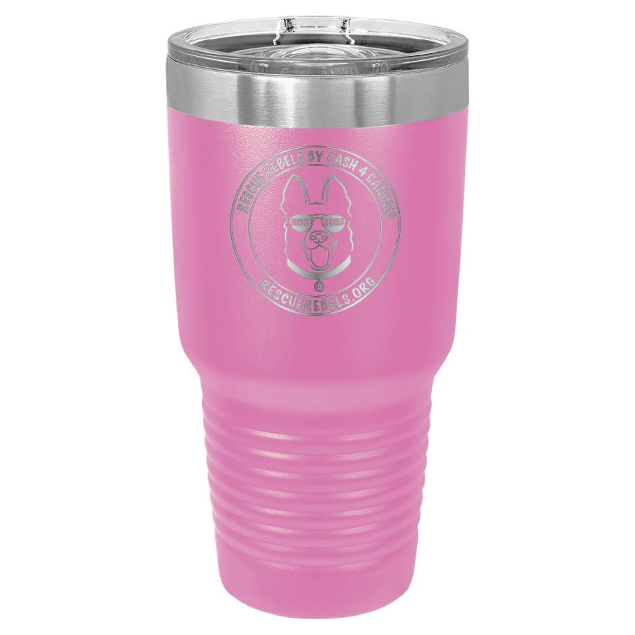 Pink 30 oz tumbler laser engraved  water bottle featuring the Rescue Rebels logo