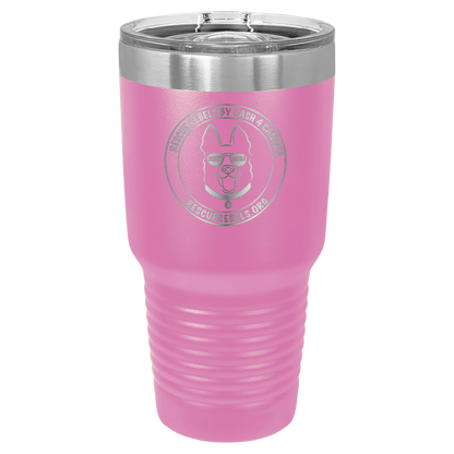 Pink 30 oz tumbler laser engraved  water bottle featuring the Rescue Rebels logo