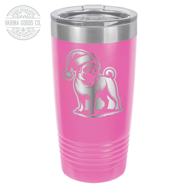 Pug wearing a Santa hat, 20 oz laser engraved tumbler, in pink