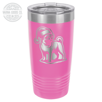 Pug wearing a Santa hat, 20 oz laser engraved tumbler, in pink