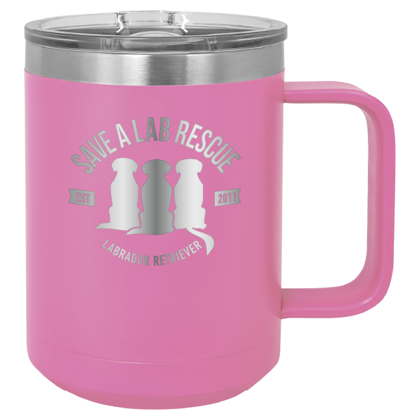 Pink 15 oz laser engraved coffee cup featuring the Save A Lab Rescue logo.