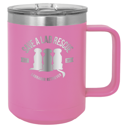 Pink 15 oz laser engraved coffee cup featuring the Save A Lab Rescue logo.