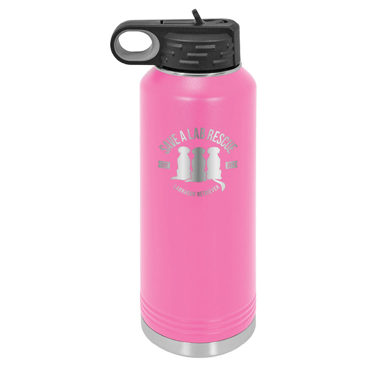 Pink 40 Oz Laser engraved water bottle featuring the Save A Lab logo.