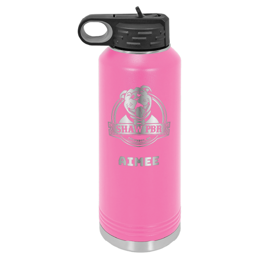 Pink 40 oz laser engraved water bottle featuring the Shaw Pit Bull Rescue logo and the name "Aimee"